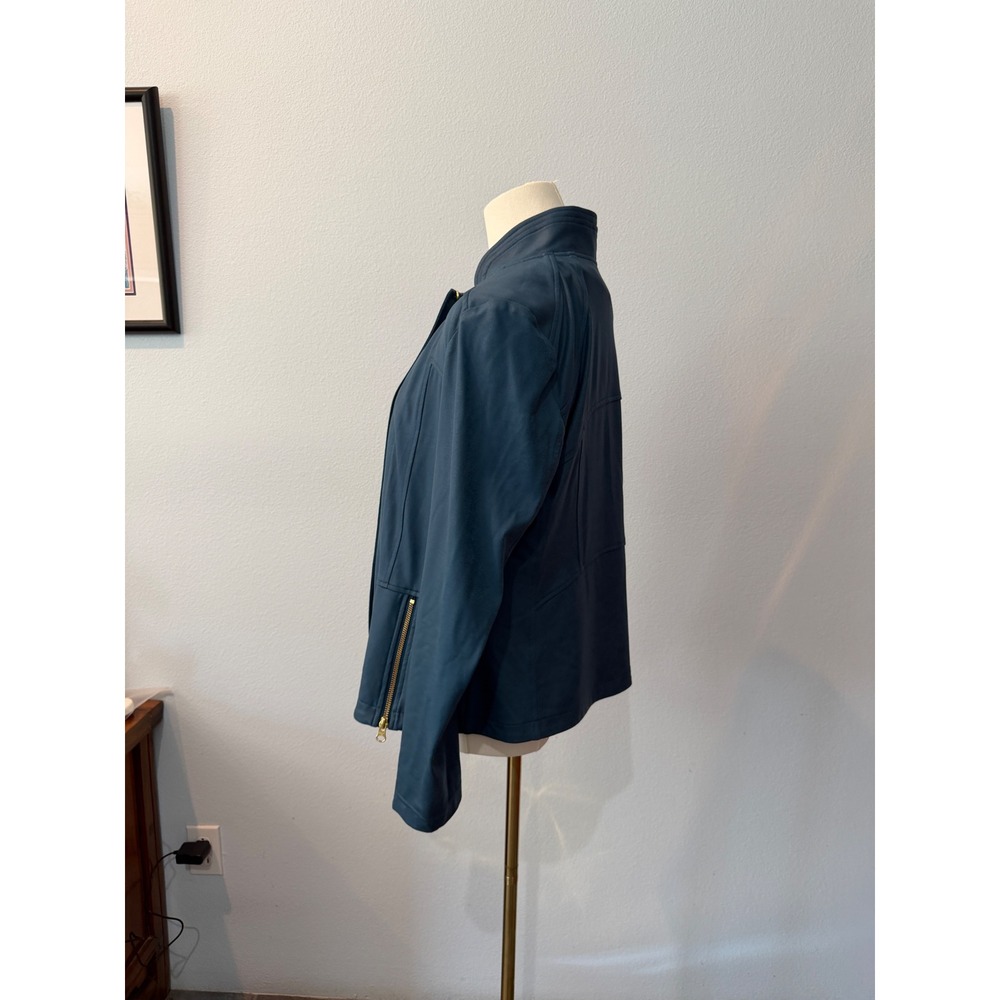 Clara Sun Woo Womens Asymmetric Zip Moto Liquid Leather Jacket Blue Chic Size M - Picture 5 of 10